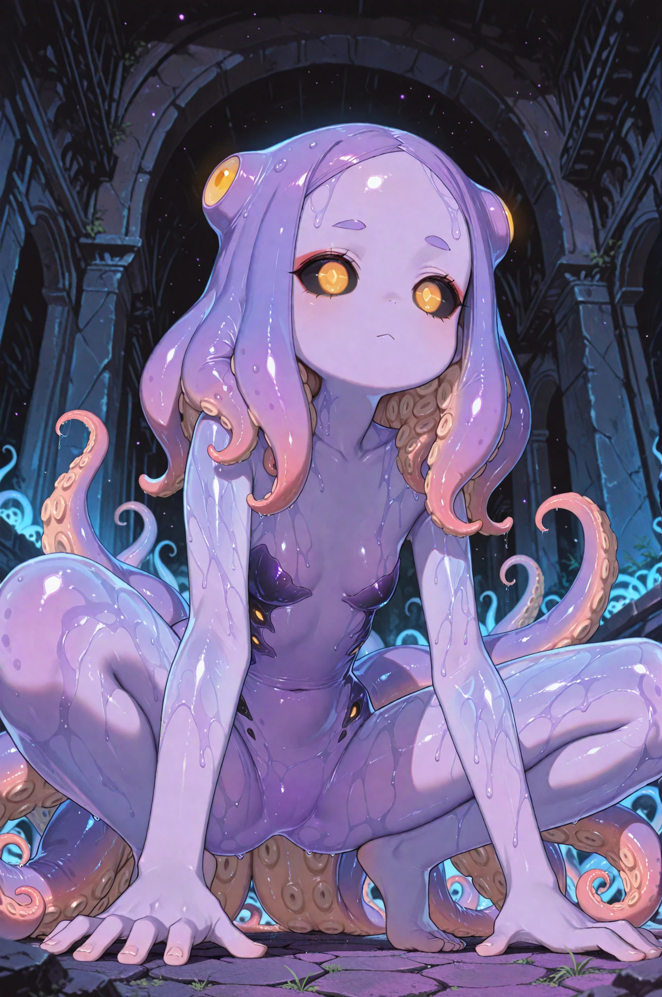 (scifi, horror)"(best quality,4k,highres),
A lovely woman (25, athletic, busty, golden ratio figure, random race, brightly colored hair, dressed appropriate to the scene),awakened rudely [on the beach] (panic and struggle),
A UFO hovers nearby, an neon gelatinous Eldritch tentacle (very large, octopus like, many large tentacles) alien has the woman,
enthusiastically exploring and enveloping her, moving the woman towards the UFO [otherworldly lights] (damsel abduction),
night time beach,
(strong contrast) between darkness and UFO lights"