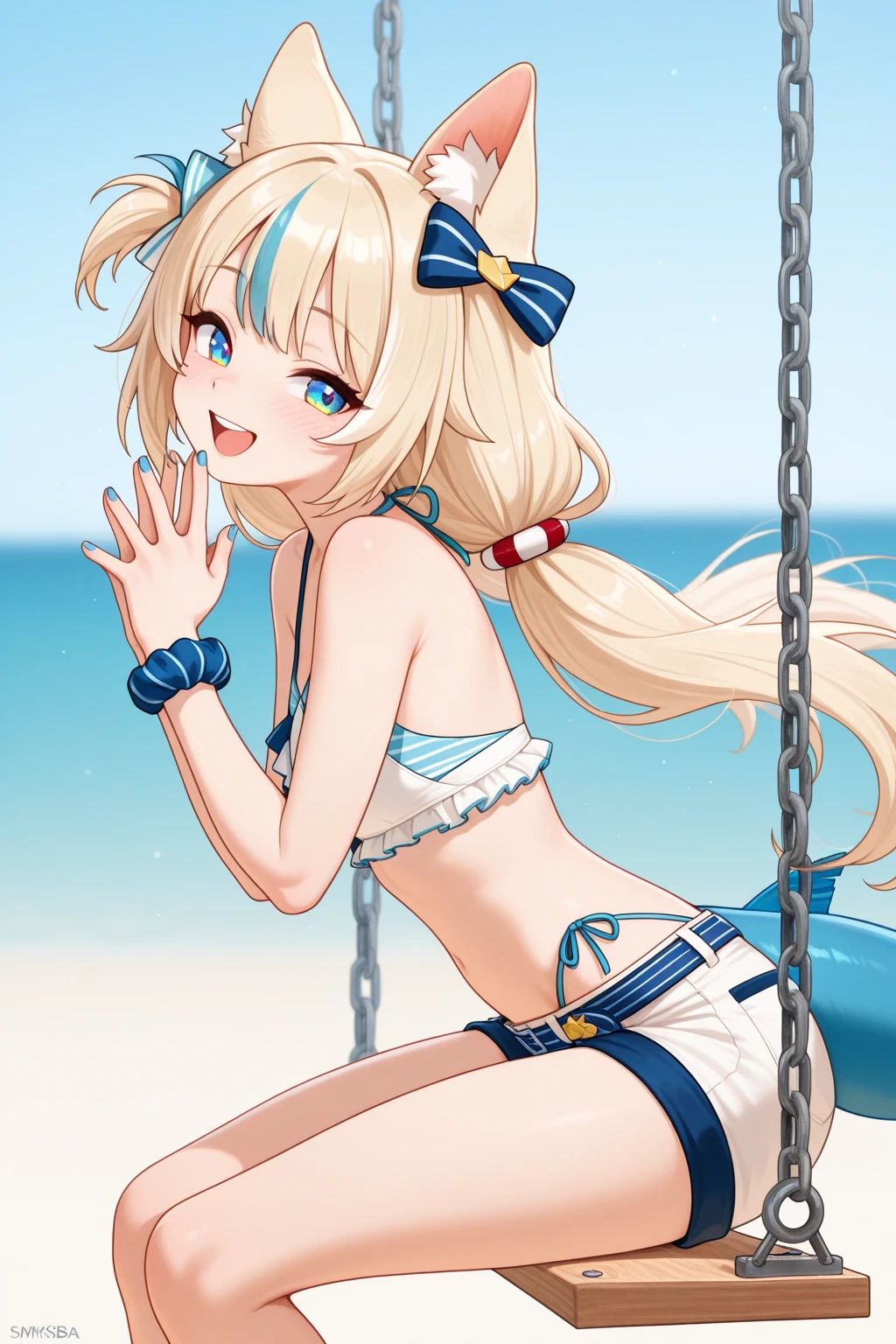alswim, blonde hair, very long hair, twintails, blunt bangs, red eyes, hair ribbon, bikini, sunglasses, eyewear on head, necklace, midriff, small breasts, 1girl, solo
BREAK
sitting on bench, indoors, locker room, depth of field, cinematic, game cg, anime screencap, official art, masterpiece, best quality
<lora:dsachates_a3b:1>