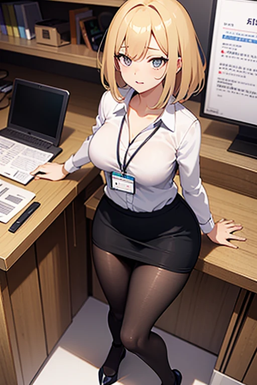 Create a photorealistic image of an office lady. She is wearing a tight, white buttoned shirt that hugs her ample breasts, giving a sense of professionalism and elegance. Her lower body is clad in a form-fitting blue pencil skirt that accentuates her curves. She is also wearing black pantyhose that complement her outfit. The lady is seated on a modern office chair with a comfortable posture, and her legs are crossed gracefully. The background should depict a contemporary office setting with elements such as a desk, a computer, and some office supplies, adding to the realism of the scene. Ensure the lighting is soft but adequate to highlight the textures and details of her clothing and the office environment.