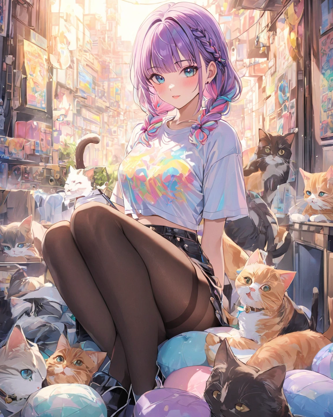 ((masterpiece, best quality: 1.1), ((Wearing a pink off-the-shoulder sweater、Pile of socks、Anime girl with plush slippers)), 穿着露肩毛衣的动漫Catwoman孩, , A pink-haired girl、Standing Girl、short hair、Very Beautiful Anime Catwoman, 动漫 Catwoman, (Pink knee socks), 迷人的Catwoman孩, Inspired by Reiko Ikemura, Aya Kono color style, The art style of Dragon King, Catwoman, Lovely character, Guang Jiangli、Smile、Cute girl、Pink room background、Girly atmosphere，Pillow ，Pajama 