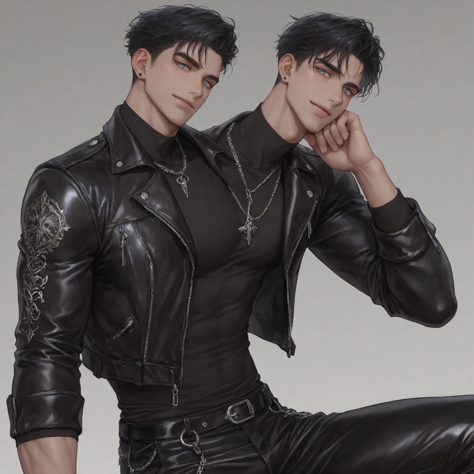 A strikingly handsome and powerful male vampire with a muscular build, his long black hair pulled back into a sleek ponytail, piercing emerald eyes shining with an insatiable thirst for blood, clad in a fashionable black leather jacket and casual blue denim jeans.