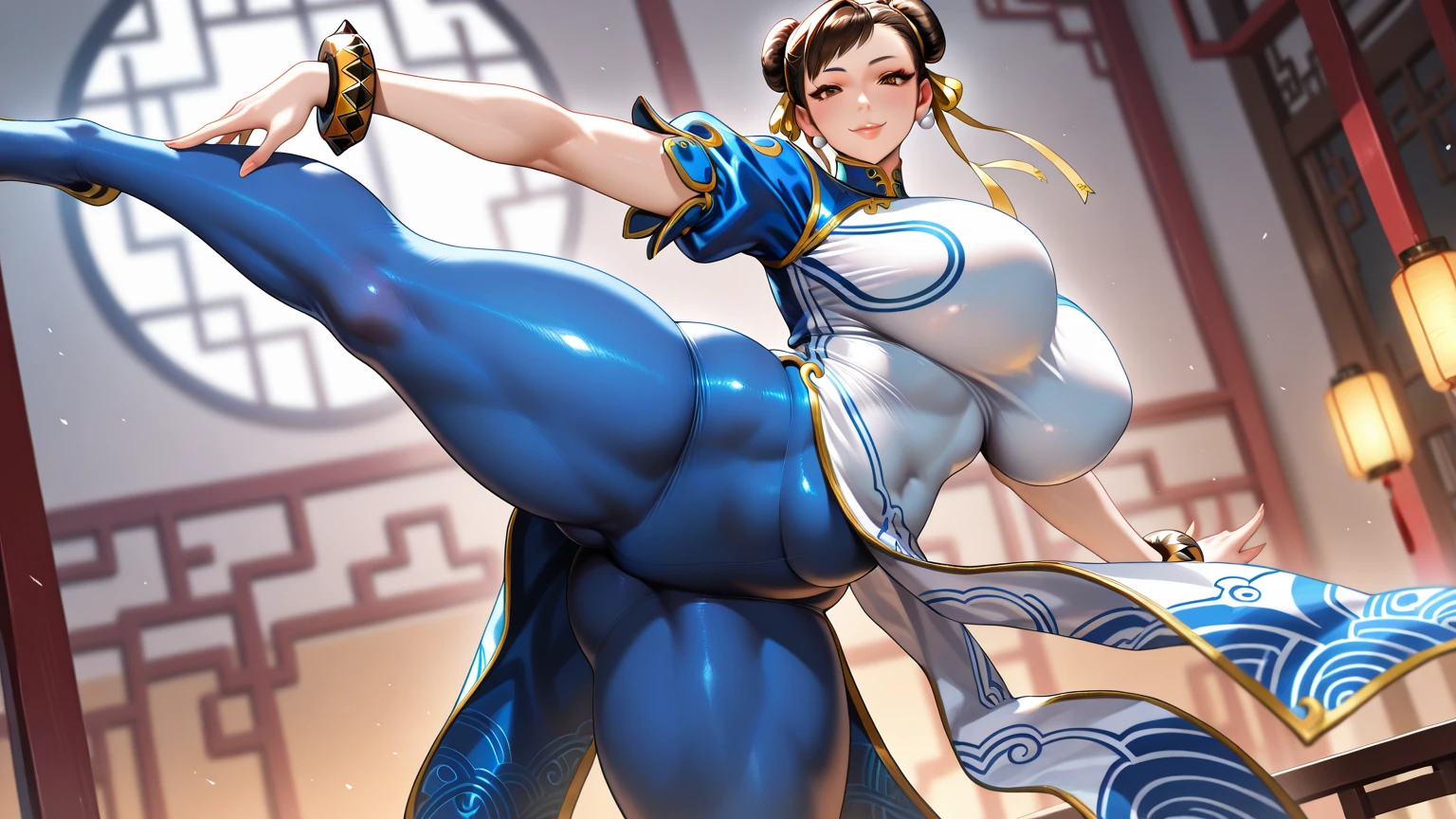 (masterpiece, best quality:1.4), (standing on one leg:1.2), (standing split:1.3), 1girl, solo, sfa chun, blue vest, unitard, blue pants, skintight, yellow ribbon, short hair, sneakers, bare shoulders, looking at viewer, beautifull smile, beautiful face, highly detailed face, highly detailed eyes, subsurface scattering, realistic pupils, full face blush, full lips, detailed background, depth of field, volumetric lighting, sharp focus, absurdres, realistic proportions, 16k hdr, fullbody, hand holding one leg up, street fighter, musclar, abs, flexible, gym, toned, musclar legs, detailed legs, detailed body