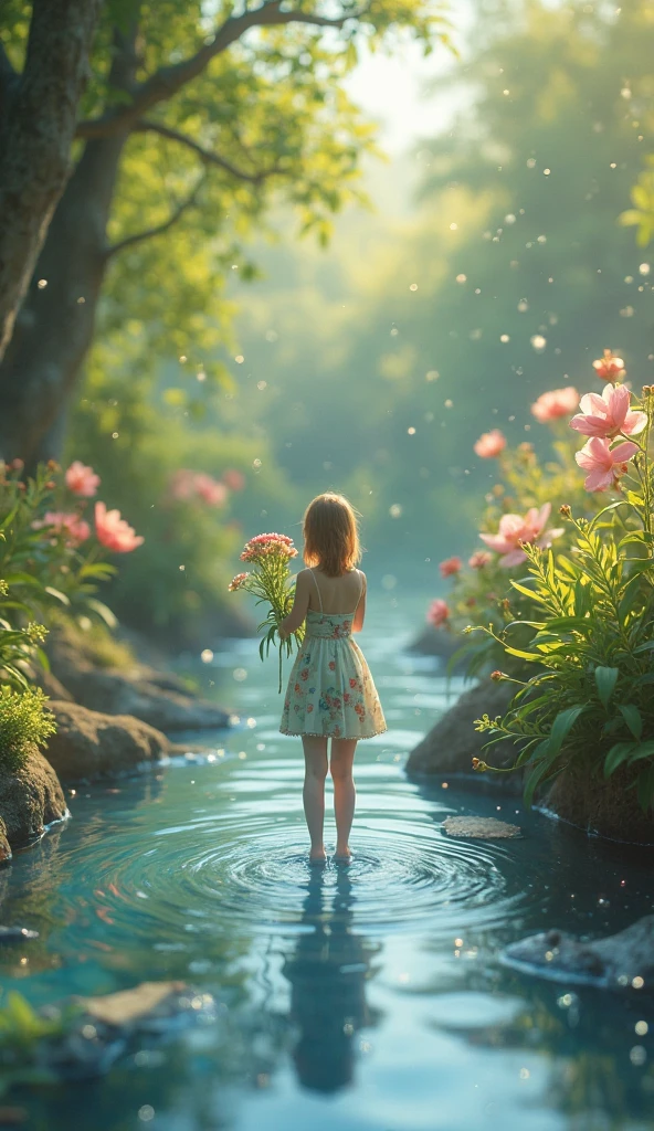 She followed the instructions from her dream and soon found herself in a beautiful meadow. In the center of the meadow, there was a sparkling stream with colorful flowers all around. Mia noticed a small, glowing acorn lying on the grass. It was the golden acorn!