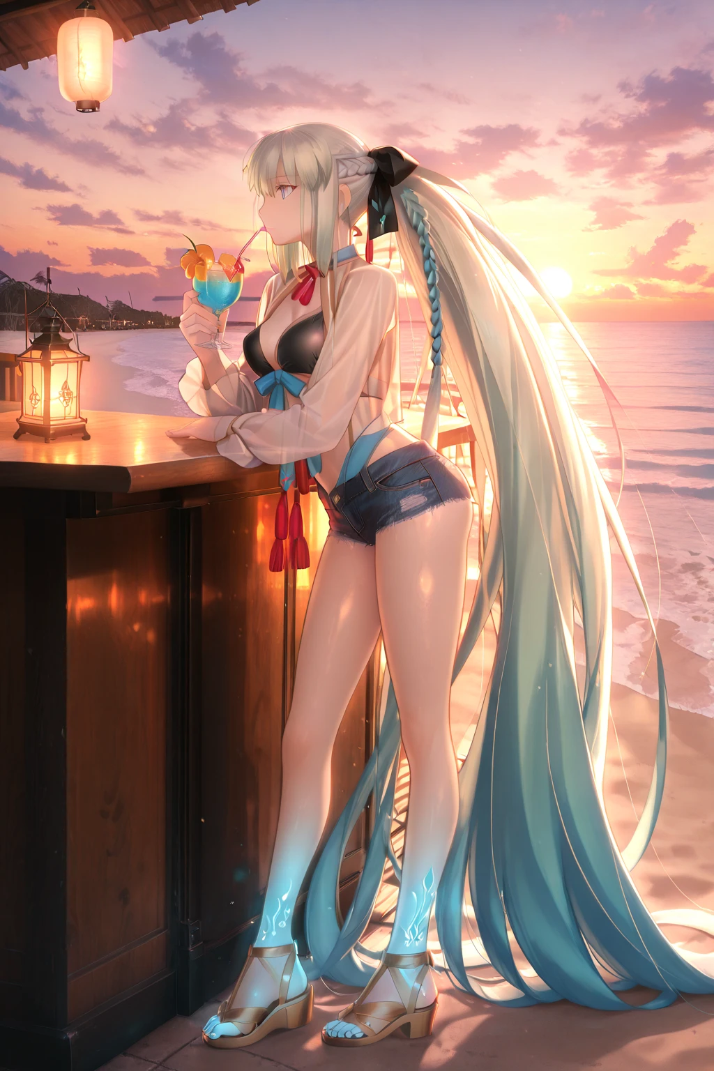 (Chinese beauty) A soft drink made of coconut juice, ice cubes, and coconut juice. Milky white turns white. Very cool. There are colored straws and ice cubes, placed on green leaves, outdoors, a clear blue sky, beautiful clouds