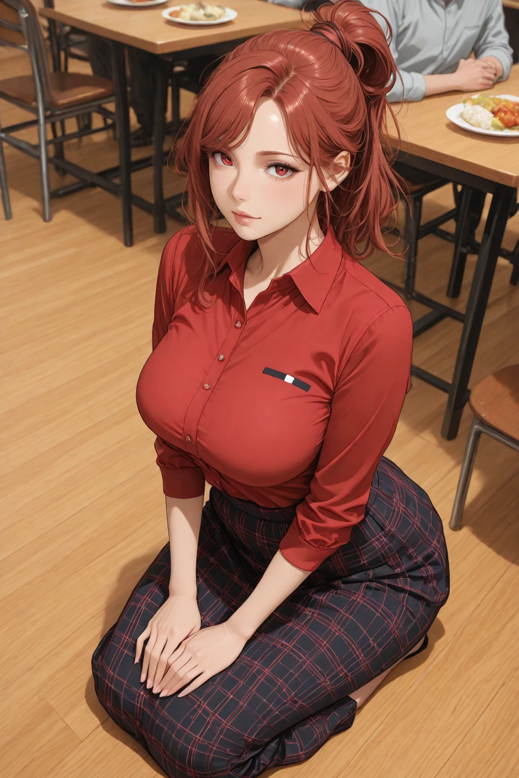 Masterpiece, (realism: 1.4), Best quality, Beautiful lighting, (Oil-6500:0.5), Hands \ (a man with a chainsaw\), (Red hair) + (long braid) + (clap), Yellow eyes, golden eyes, ((Circles under the eyes)), (White shirt), (tie), Raw-Photo, contract for 8 thousand., Film granules, ((sitting in the office)), seductive laugh, big breasts, Top unzipped

