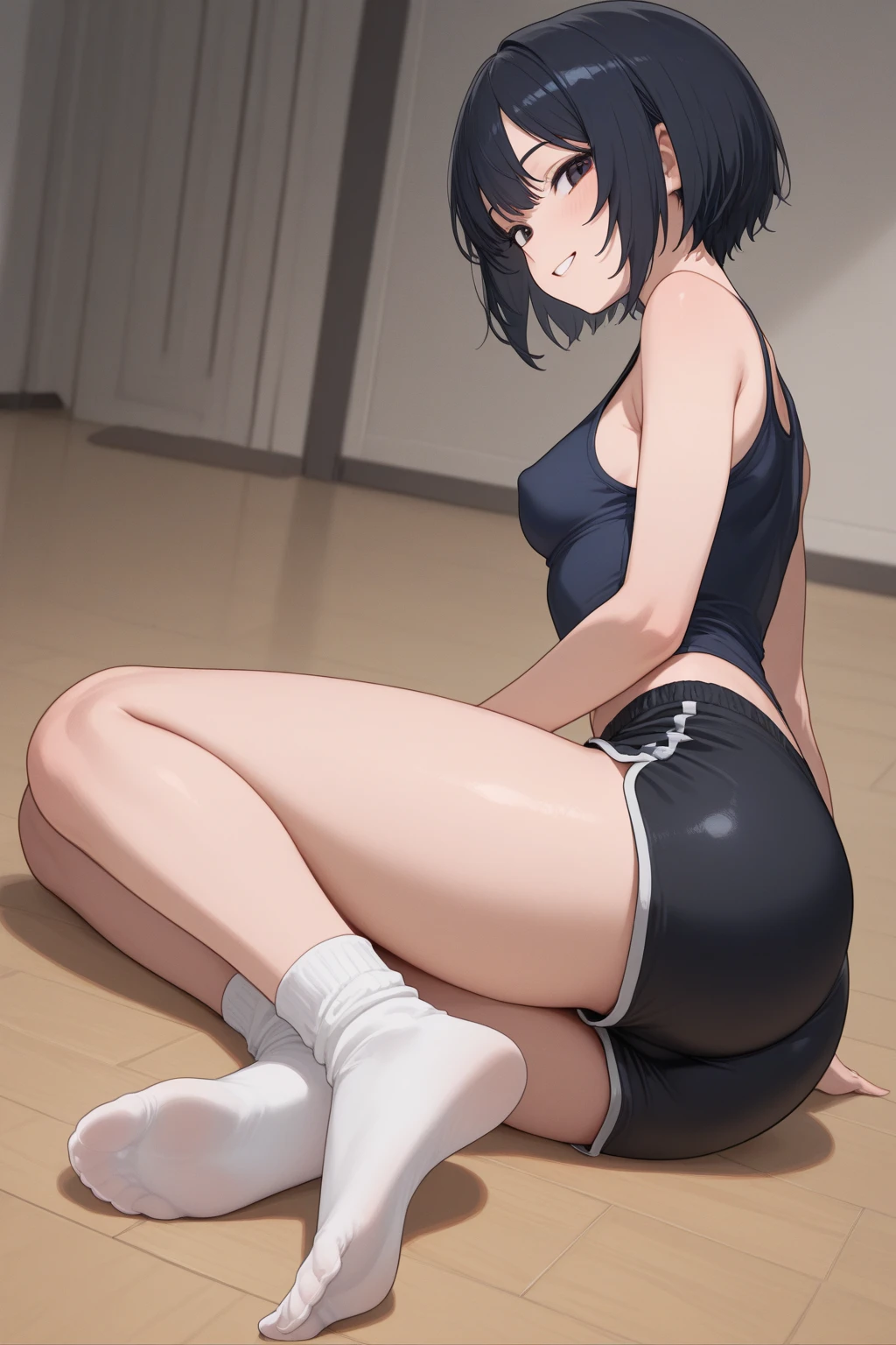 Cute Japanese high school girl with short cut black hair. She wears a sports bra, high-leg panties, and open-fingered gloves. She has small breasts, a poor belly, and a slender body. Sweaty and bruised, she is bent forward in a mixed martial arts ring, hands and knees on the floor. One eye closed, mouth open, she is gasping and drooling.