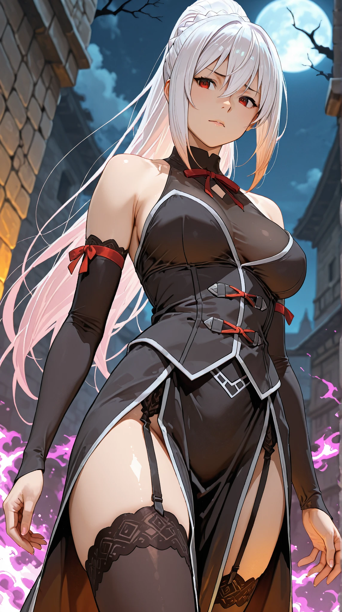 score_9, score_8_up, score_7_up, source_anime, masterpiece, absurdres, medium breasts, mature woman ,perfect face, 1girl, cute expression, smiling, looking at viewer, standing, arched back, alisamikhailovna, alisamikhailovna kujou, long hair, bangs, blue eyes, ahoge, gray hair, red ribbon, ig-tk,gloves,full body,navel,fishnets,thighhighs,cleavage,center opening,standing,black gloves,bodysuit,leotard,boots,armor,