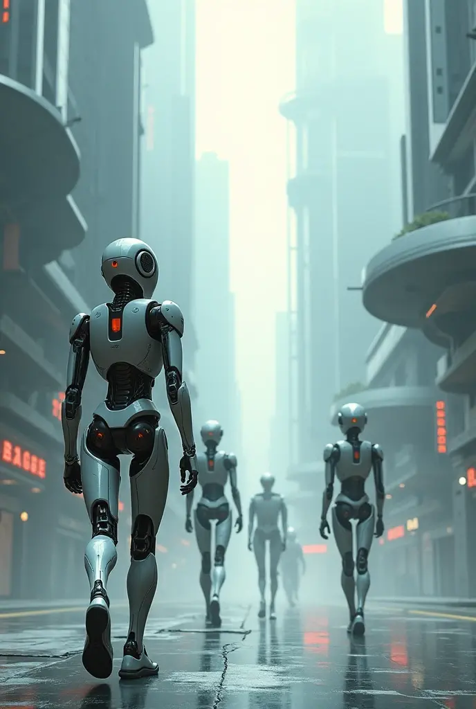 robots in a futuristic city, animated, a city where robots work for humans