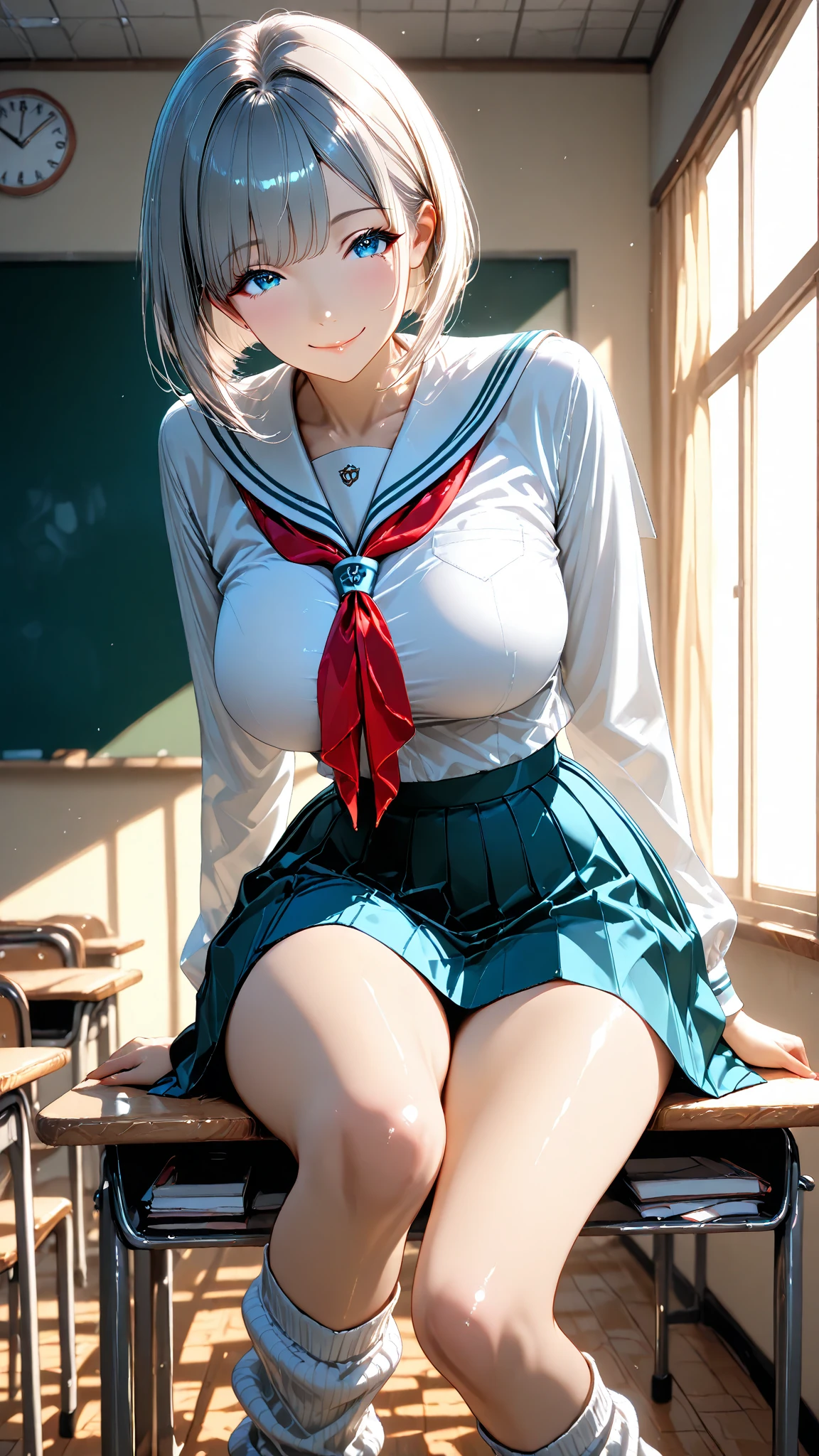 (Silver Hair))、((Short Hair))、Fox Ears、Japanese women、high school girl、16 years old, Anatomically correct, Perfect Anatomy, very cute, beautiful, (Sailor suit:1.2), ((Embarrassing:1.3)), blush、(classroom、Sitting), (masterpiece、Highest quality:1.3)、Best lighting、High resolution、(8k, High resolution:1.2), (photograph, Realistic:1.2)、Cowboy Shot、The face is in focus、(concentrate, Symmetrical pupils:1.2)、beautiful肌、Natural Makeup、Gloss Lip, High-definition hair texture, (View your viewers:1.2), Medium Hair (Multiple Angles:1.2), (Small breasts, Cleavage:1.1), (hug my chest:1.1)