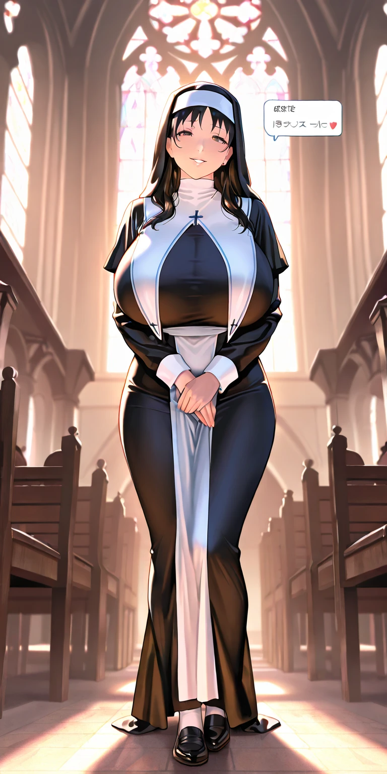 (masterpiece, top quality, best quality, official art, beautiful and aesthetic:1.2), (1girl:1.3), light freckles, fair skin, extremely detailed, portrait, looking at viewer, solo, (full body:0.6), detailed background, close up, (dark gothic theme:1.1), nun with guns, charlatan, smirk, mysterious, swaggering through cathedral, modest attire, black habit, cowl, nun hood, wimple, thigh-high boots, bodysuit, leotard, corset, leather straps, ammunition pouches, long boots, submachineguns, SMGs, MP5s, thigh pouches, holsters, garters, ((((narrow hips, slim sexy body, gigantic breasts)))), slim waist, slim hips, long legs, modern (cathedral exterior:1.1) background, dark mysterious lighting, shadows, magical atmosphere, dutch angle,
