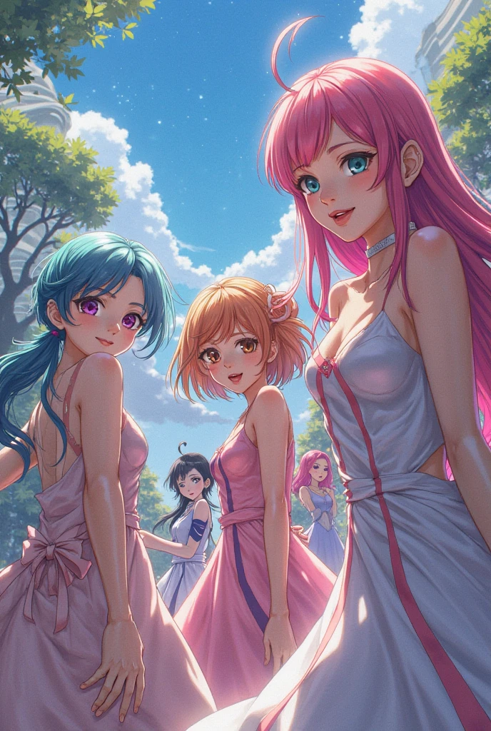 fantasy world; Bright colors, Indescribably sweet, Cartoon style, Style Fairy Tale; Charming graceful elf, in full height, in a tiny translucent petal bikini, wet through and through, Dancing in the rain, barely touching the ground with your feet;, Wet long hair splashes water, humid, humid, sparkly skin, Graceful pirouettes, Plastic movements, Playful mood, joyful smile, eye shine; A magical forest; The rain is clearly visible; oblique rays of the sun; A rainbow is visible in the distance; The background is slightly blurred; high quality textures, higly detailed, realistness