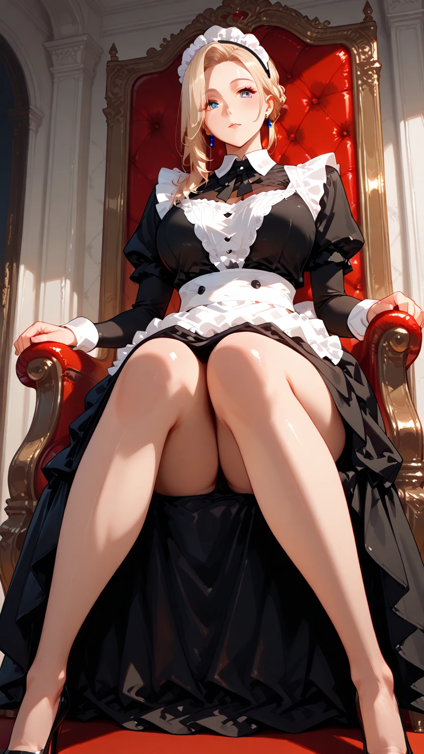 Girl, smile, red lips, big nose, big , big breats, fair skin, smile, long hair, yellow hair colors, sexy body, sexy girl, sexy pose, beautiful girl, big ass, maid costume, white underpants colors, pantyhose, white pantyhose colors, hig heels, black hig heels coolors, realistic girl pose, in room, sexy girl pose sit on the chair, gaze looking at the camera, 