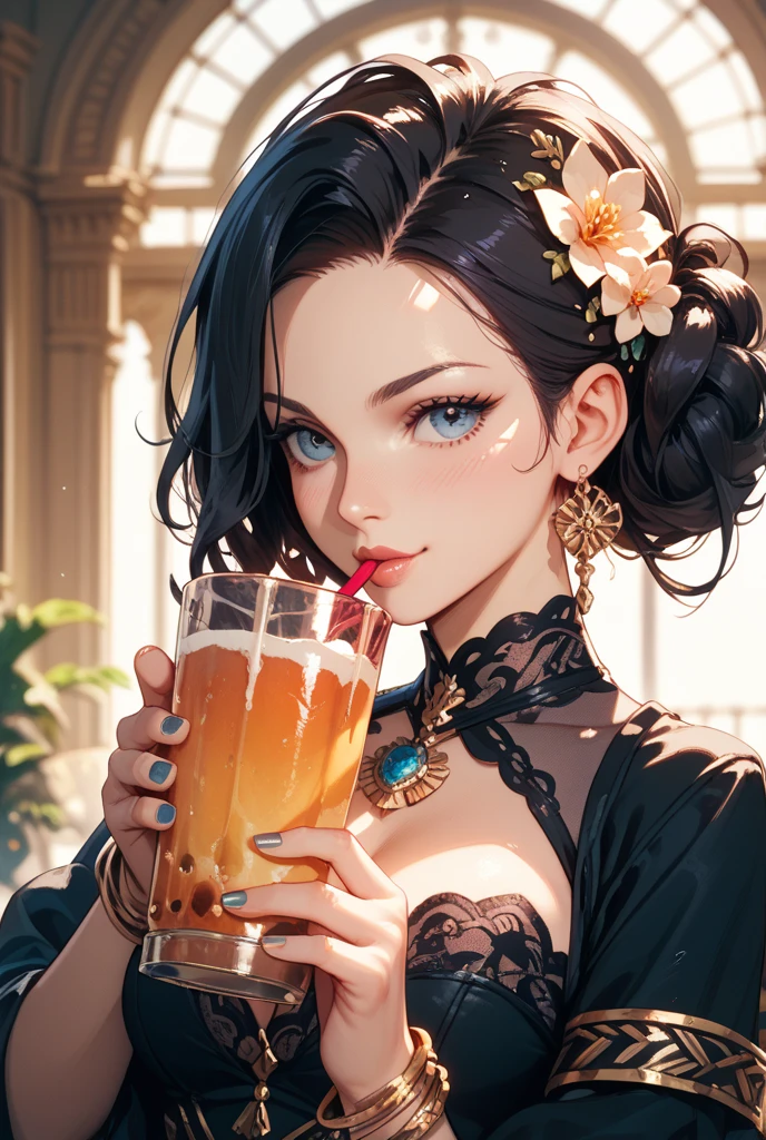 A black haired woman with violet eyes with an hourglass figure with black fox ears and a black fox tail in a Gothic lolita dress is drinking tea in the garden