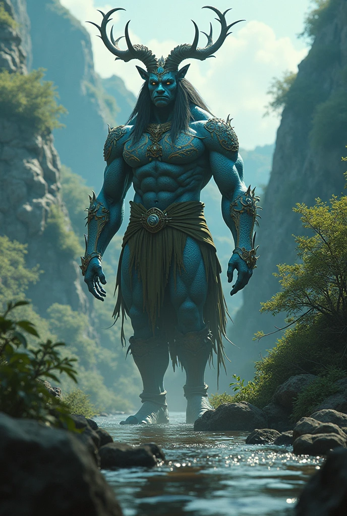Create a realistic image of a handsome man. he is a muscular blue giant, with long black hair, has bright blue eyes, barba, tattoos on body, with indigenous clothing and the background image must be a forest