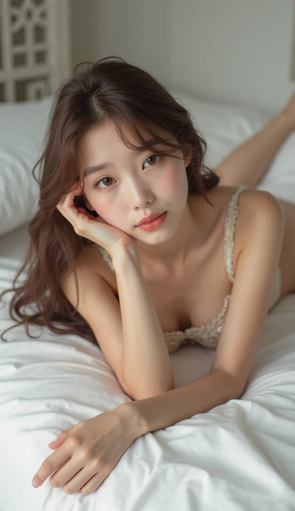 sitted,Double leg lift,An innocent girl,get down on the bed, No bra , Shows medium breasts, tight breasts, Masterpiece, Highest quality, (((Masterpiece))), (((Maximum level))), ((detail in face, Detailed skin texture)), (Photorealism), ((Extremely delicate and beautiful)), Dynamic Angle, Floating, , (Beautiful detailed eyes), (Detailed light), (1 girl), Medium breast, Cocked buttocks ,Long blonde hair, dark brown sparkling eyes, Natural, (Sunlight),, Slight smile, Glossy glossy skin, full anatomy,photo-realistic hair,Detailed hair details ,Crystal earrings