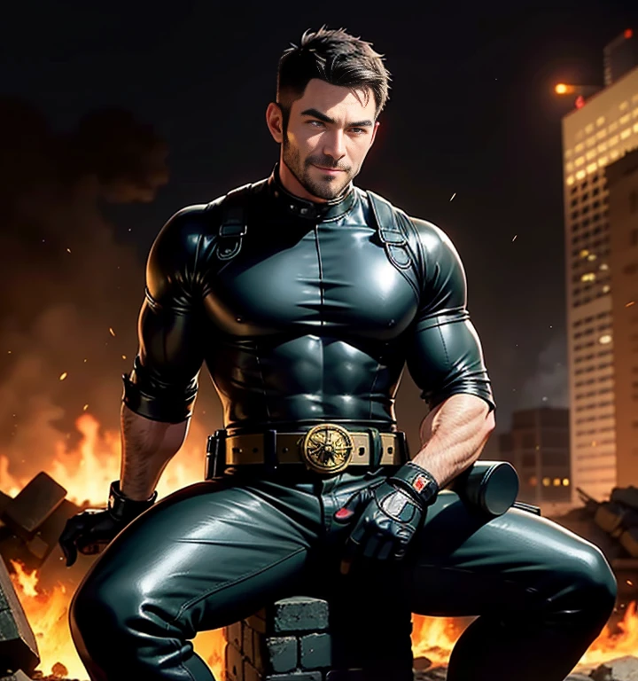 Arad man in yellow and black clothes kneeling in desolate ruins with his head in his hands, muscle male hero, Buzz Cut, heroic male pose, tall and burly, muscular! Wearing black sunglasses with sad expression, stealth suit, symmetrical pattern texture design, super buff and cool, high resolution committee, character design police, black military boots, attractive strong male