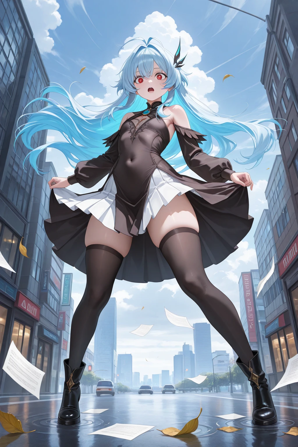 high quality,best quality,masterpiece,4k,8k,(((black bunny girl costume girl))),bunnygirl suit,high leg costume,groin,show off groin,costume with collar,eighteen years old girl,great figure,large breasts,blight pink bowtie,standing,leaning forward,looking at viewer,light blue hair,pale pink inner hair color,length to shoulder twin tail hairstyle,white bunny ear headband,((all legs coverd with black stockings)),blush