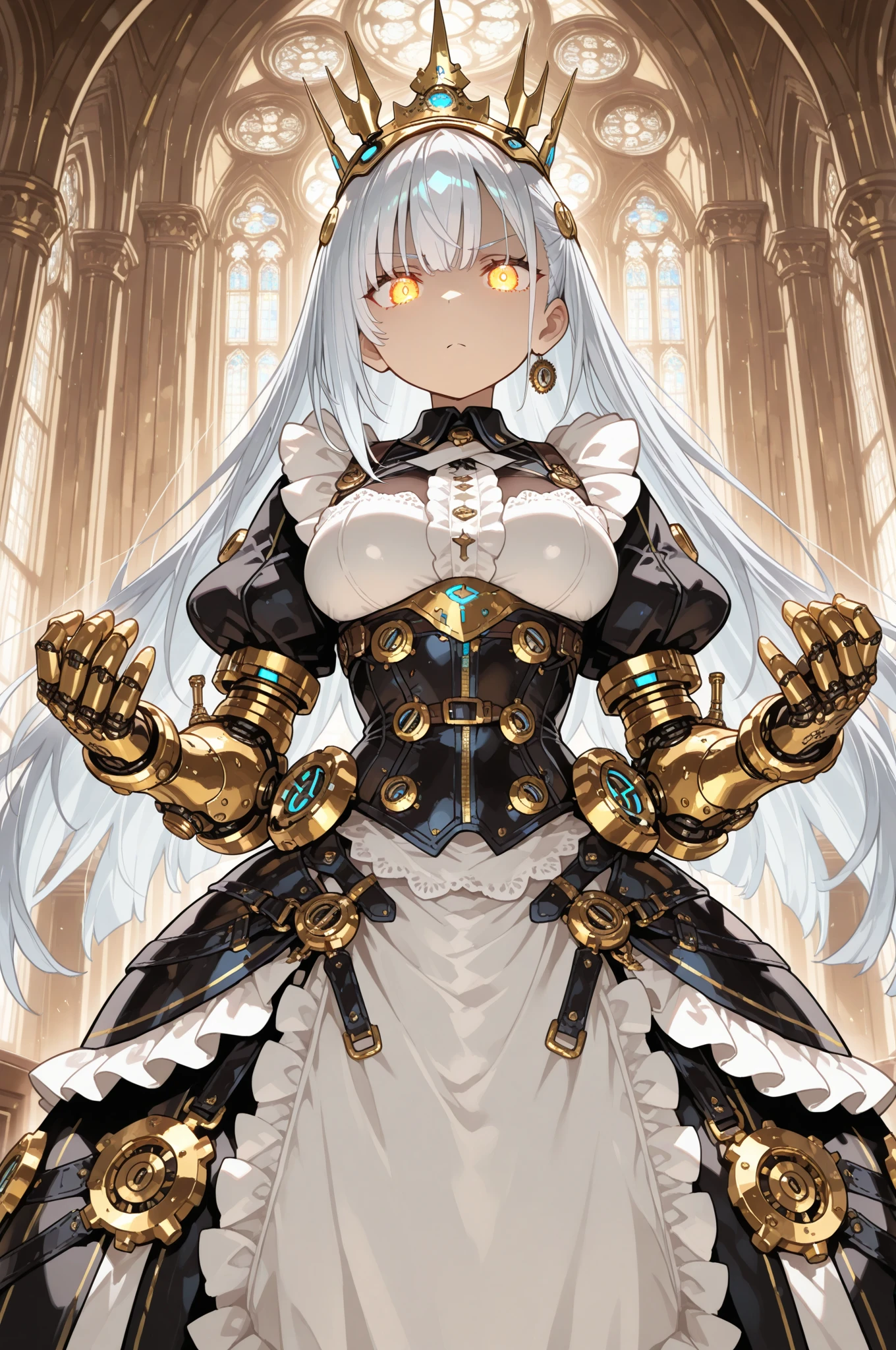 Top quality, masterpiece, masterpiece, highly detailed 8k wallpaper, ((transcendently beautiful face)), female knight android, cleavage, aside, absolute area, mini dress, mechanical circlet covered up to the ears, mechanical armor dress made of fine metal and gears, mechanical limbs made of fine metal and gears, ((kneeling)), indoors, inside the castle, majestic atmosphere,