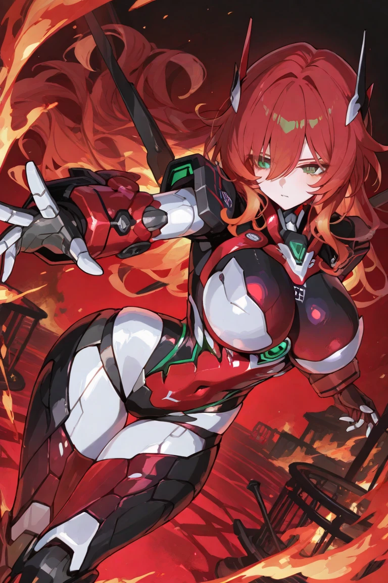 (masterpiece), best quality, expressive eyes, perfect face, long red hair, shining green eyes, fair skin, joyful, futuristic tactical gear, very large breasts, simple headgear, combat pose, smiling
