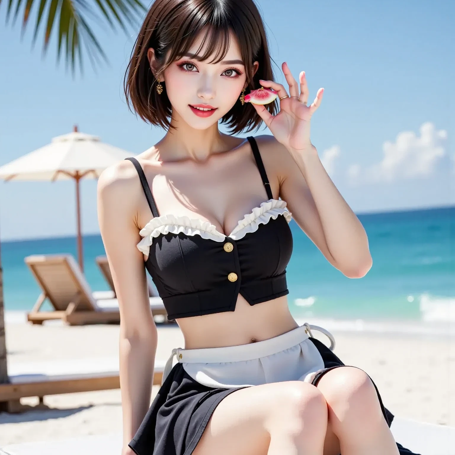 (8K、top-quality、​masterpiece:1.2)、(reallistic、Photorealsitic:1.2)、Large fireworks set off in the night sky、Sit on the boat and watch the fireworks display, ((pantyshot))，a woman in a white shirt, (Black ruffled miniskirt)、Spread your legs、(Sexy white shirt with open breasts and cleavage visible)、(You can see cute pink panties)、(((Black hair short bob)))、Detailed soft skin quality、11 years old Japan girl、Naughty laughter、Frolic、Look at viewers, Kamimei、H Cup Bust、Sexy body、You can see the night view across the river
