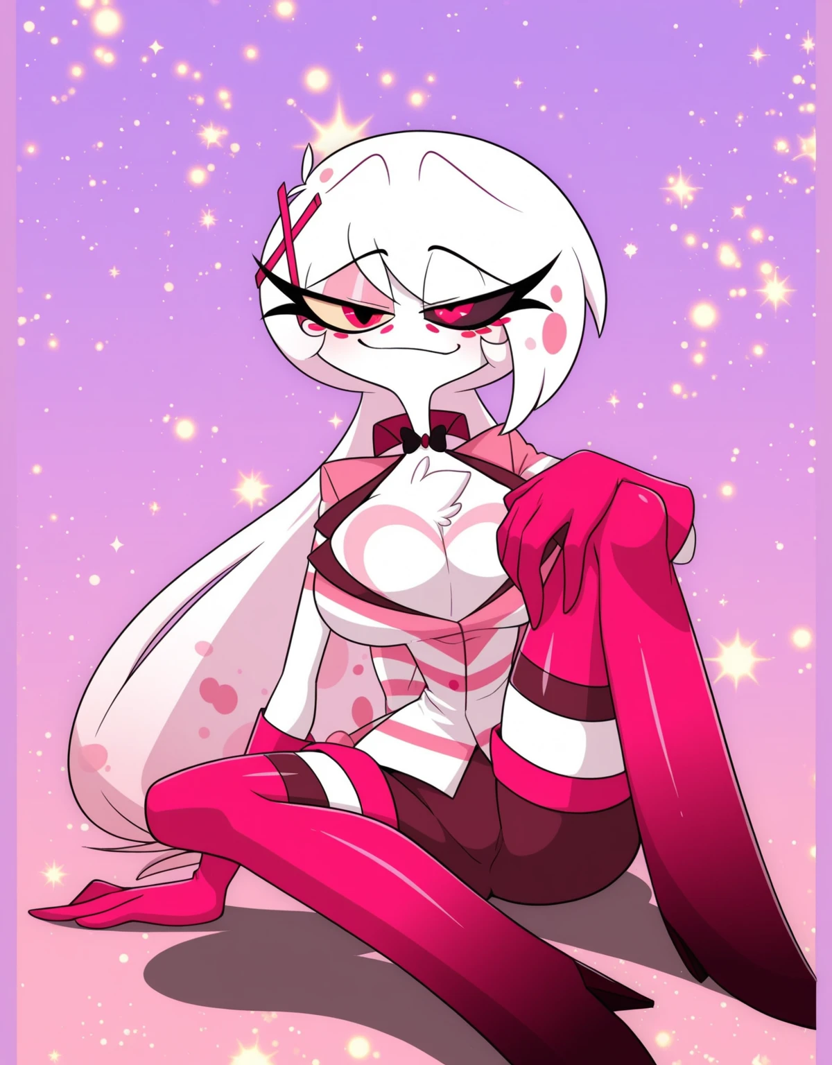 Boy, White hair,, licks lips. pink freckles, breast bundle, Pink eyes, (black sclera on the right eye, heterochromia), Ideal Anatomy, (Best quality, masterpiece:1), fluffy, boy, antro, 4 hands, Gold Tooth, huge bun on chest,, Smirk, hourglass figure with sharp teeth, body, mixing, Ray tracing, Backlight, blossom, mixing, falling shadow, granularity, Fill an image, halftones, movement lines, optical illusion, anaglyph, express lines, vignetting, scan lines, uhd, retina, masterpiece, accurate, Anatomically correct, textured leather, super detail, high detail, Body hair, pink robe, bare waist, hair on the chest. arched back, wide hips, Fluffy legs, furry back, Pink Collar, leaned forward hand on hip, pink heart tattoo on thigh, legs spread. sitting on the bed, covers his waist with his hand, Without clothing, holding a whip in his teeth, bare waist, legs tied with rope, black rope, covers his genitals with his palm, male genital organ, penis, covered in flower petals, hentai, Erotica , leather chest straps, boy , man , femboy, There is a tiara on his head, crown , bare hands , pink nipples