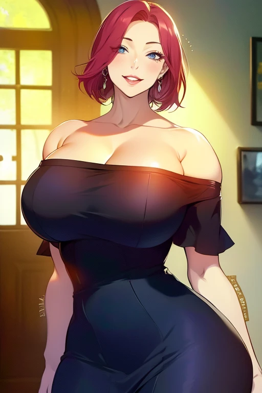 score_9, score_8_up, score_7_up, BREAK, frankieXL, 1girl, breasts, looking at viewer, blush, smile, open mouth, bangs, large breasts, nipples, breasts out, black dress, cleavage, bare shoulders, jewelry, collarbone, ponytail, :d, pantyhose, red hair, earrings, choker, black eyes, black dress, bracelet, strapless, black choker, piercing, ear piercing, strapless dress, hoop earrings. Wide hips