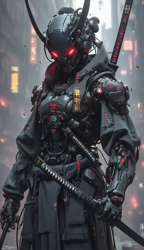 cyber fifu, 1 girl, thunderstorm, rain, downpour, heavy rain, black suit with red elements, (((cyber helmet in the form of a skull))), (((heavy rain))), night, only the moon, black sky, ((( helmet in the form of a skull)))
