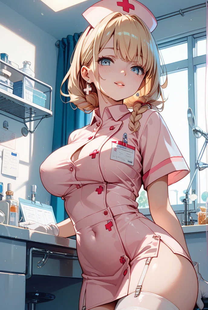 Sexy nurse, A curvaceous body, Obscene, Lust, Lustrous smile, Lustのナース, Nurse cap, incite inferiority, Obscene eyes, Lewd smile, blush, Fatty face:1.2, Beautiful nurse costume, White, Medical records at hand, Crouching down to pick up a medical record, Beautiful face details, Cowboy Shot, Pure white, Hospital room, Magnificent light effects, Dutch Angle, Focus on subtle facial details, (((Light and shadow with attention to detail, Soft Focus:1.4))), Background Blur, (Highest quality:1.2, Very detailed, Detailed illustration, High Detail, masterpiece:1.2, Best aesthetics), (((1 girl))).