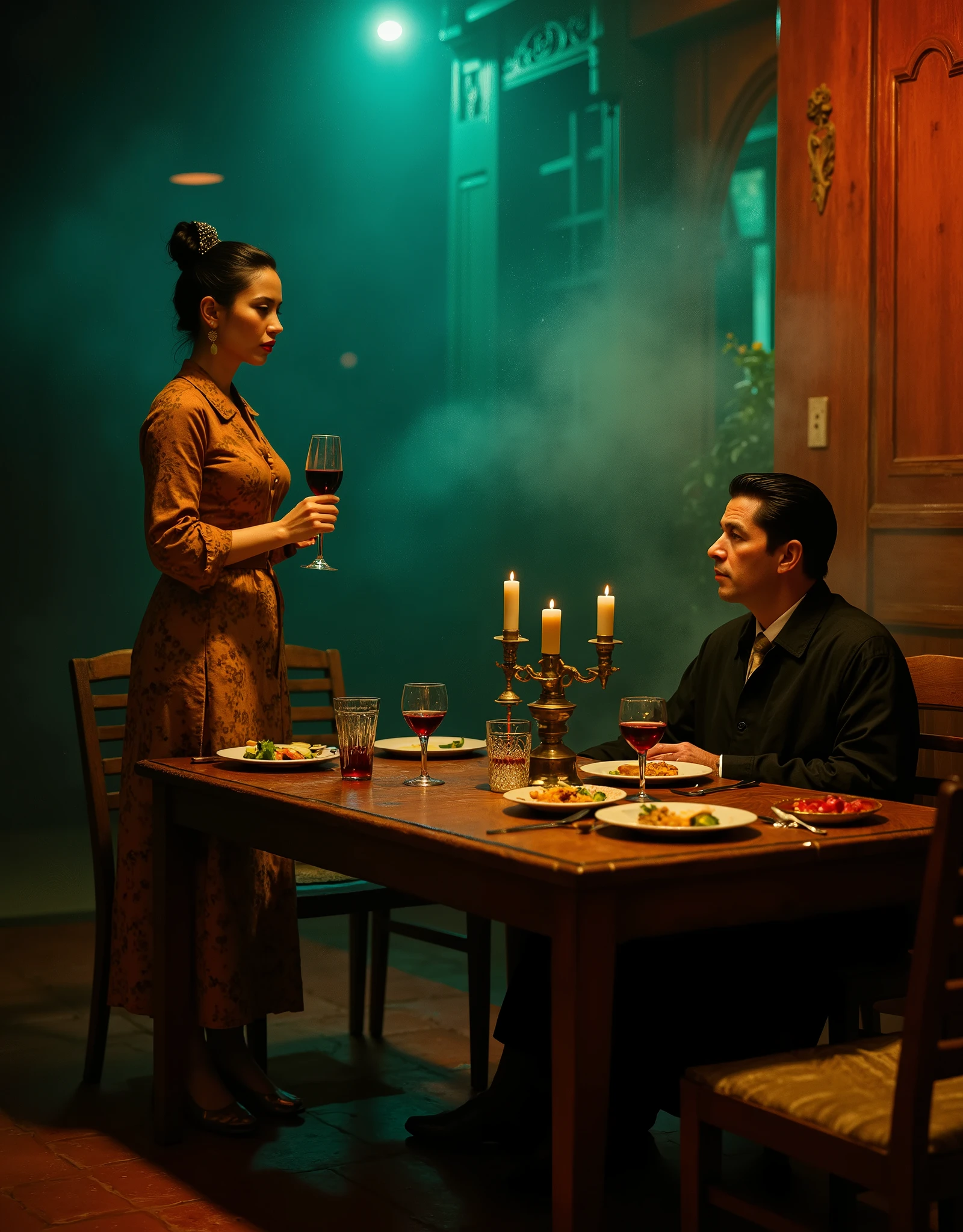Only two people, the scene takes place in French colonial Indochine in the 1950s, A dimly lit dining room with a wooden table, set with a plate of food and wine glasses, exudes a heavy, melancholic mood. A wealthy but lonely white French man in a robe sits isolated, his face etched with unhappiness, while a timid, subservient Vietnamese housemaid stands near candelabras, her demeanor hinting at an ongoing doomed love affair. an ominous mood, chilling atmosphere, smoky ambiance, cinematic composition, detailed, intricate, medium contrast, murky blue and green back lighting, volumetric lighting, Frazetta, Steranko, James Bama, classic fantasy art, lurid and vivid colors, perfect anatomy, masterpiece, HD, 8x, "anatomically correct human" "realistic proportions" "natural human pose" "full figure, accurate anatomy" "correct fingers and joints" 1950s cinema, moody lighting, chiaroscuro, Italian pulp comic color palette, saturated dark orange tones and dark muddy greens, sparse red tinges on the edges of objects, film grain, foggy lens, dramatic shadows, unnatural angles, the edges of image are slightly worn and dark, Suspended reality and dreamlike quality, Symbolic and grotesque imagery, Intricate lighting and shadow play, Stylized color palettes, Dynamic framing and composition