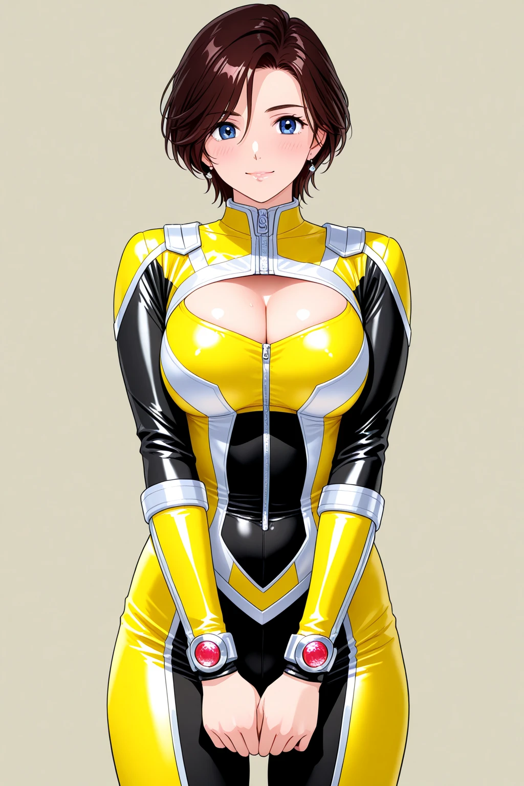 (high quality, Super detailed, 最high quality, Very detailed, beautiful, masterpiece),Realistic image of a bee mature woman,(Evil Cyborg Mech Monster Bee Woman Monster),(Realistic upper body).(Evil Bee Yellow Cyborg Mech Monster Rubber Suit:1.5),(Evil Bee Cyborg Mech Monster Helmet:1.5),Bee Shoulder Armor,Bee Armor Suit,((Super super big breasts)),((Super super super big cleavage)),(Human female face:1.5)