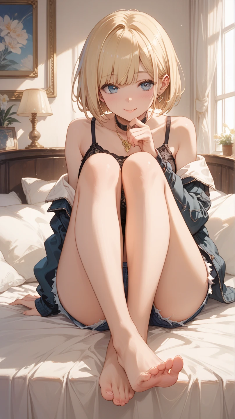 17 years old Women, ((Blonde)), ((Blue eyes)), ((Short hair)), ((Full shot)), very detailed makeup, pale pink lipstick, long earrings, bare shoulders, Posing ((naked)) lying on a couch in dim lighting, touching her body, wearing high heels ((Full Body))