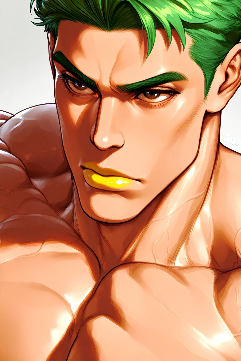 1boy,male focus,jacket,pectorals, rainbow hair green, extremely masculine muscular male, huge bulge, 8 pack abs,xl bodybuilder, rage, titan,