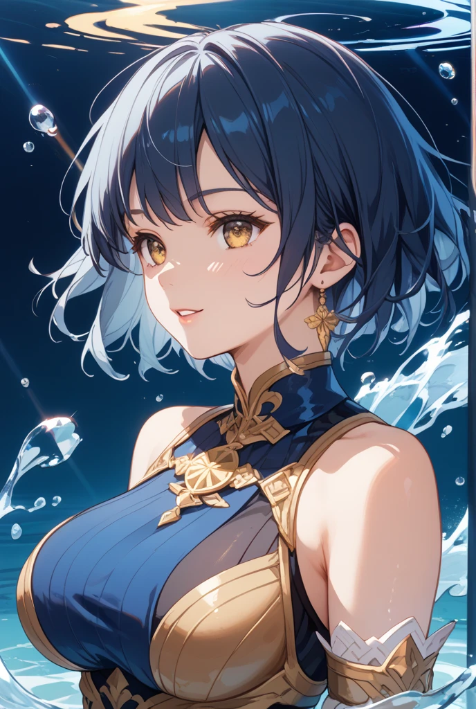 1girl, waist up, smile, beautiful lighting, best quality, masterpiece, ultra highres, ice, (underwater background:1.4), smile ,