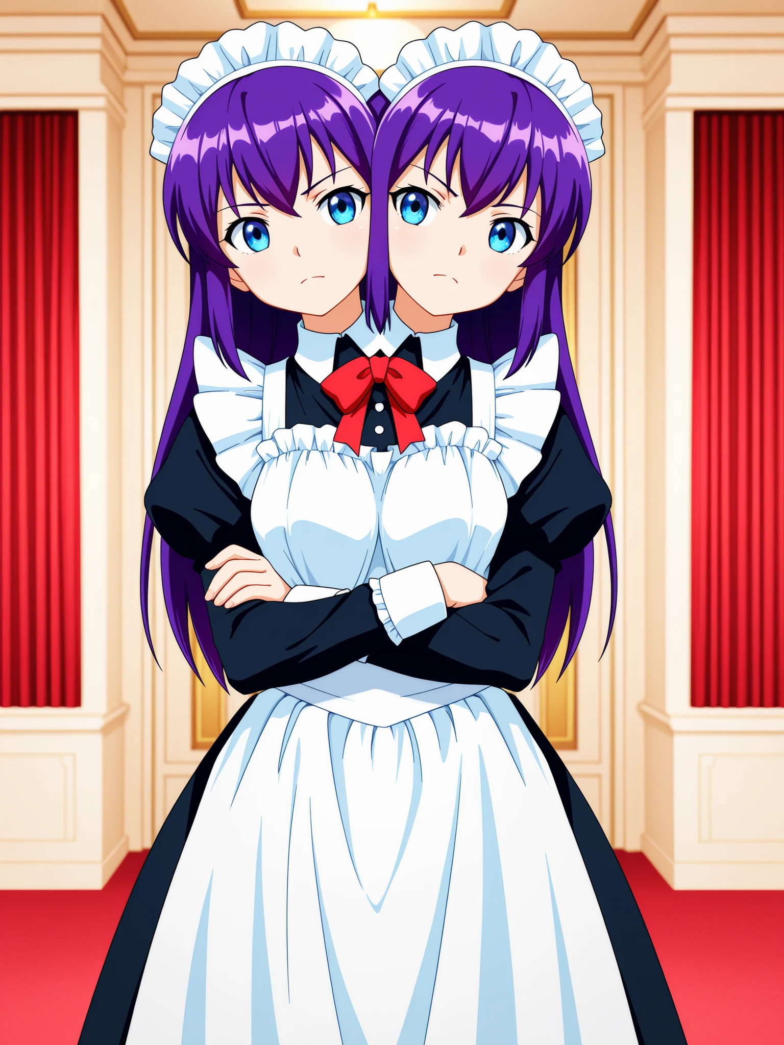 conjoined, anime girl with two heads, maid outfit, purple hair, blue eyes, arms crossed, commanding presence, penthouse