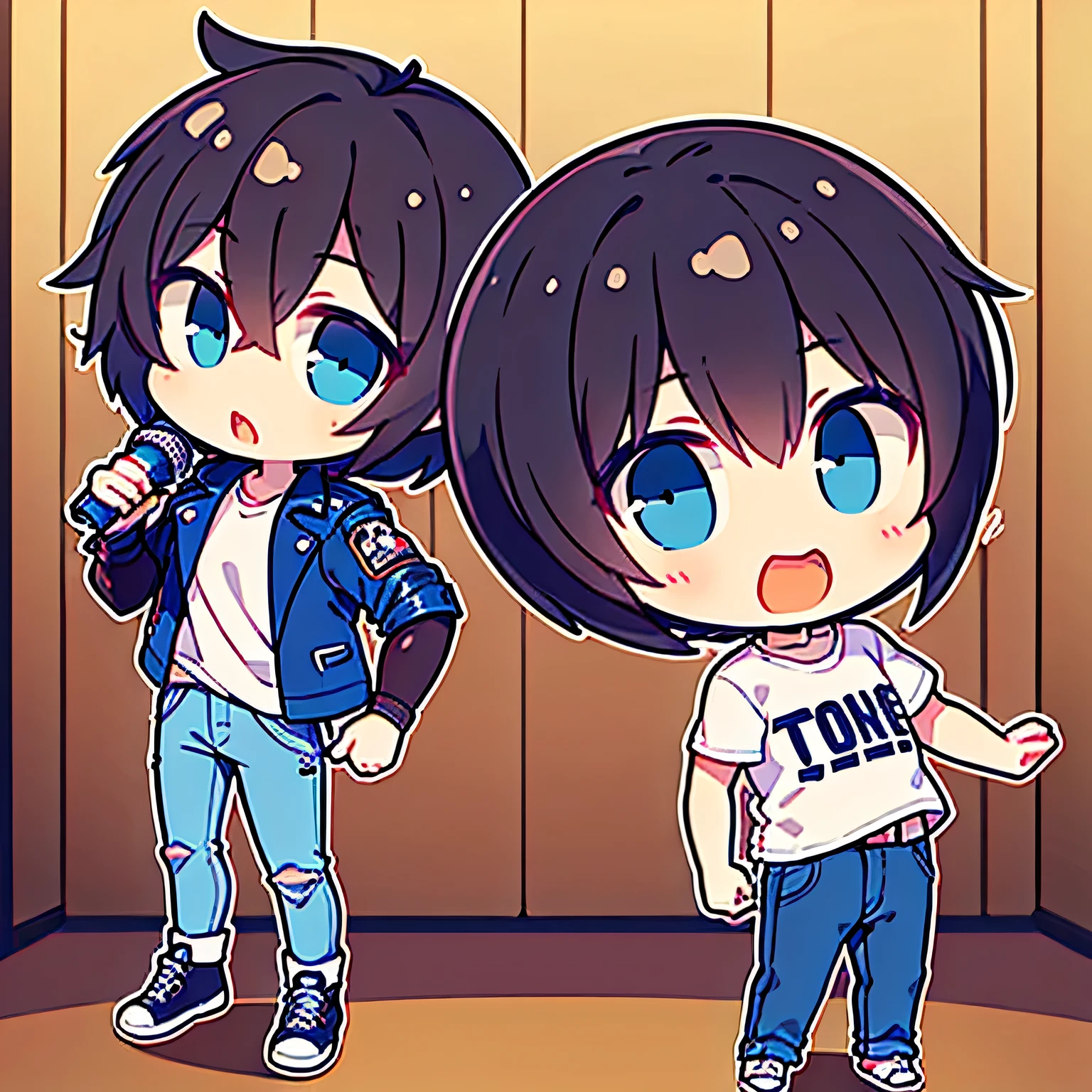 {{masterpiece}}, {{best quality}}, {Super Detailed}, chibi, (黒い髪),((Very Short Hair)) ((one boy)), (leather jacket), (white t-shirt), ( jeans), ((blue eyes)), (Full Body), (Full Body), ((singer)), (Singing), ((I'm wearing a hat)), ((Waiting for microphone))