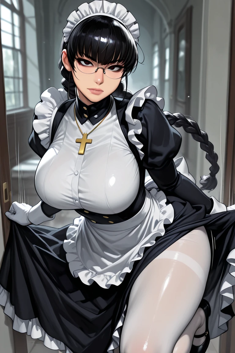 Roberta、Group、Twin braids、Glasses、gem、maid、Opaque Glasses、necklace、apron、Crosaid headdress、crossnecklace、long hair、long sleeve、bangs、Round Glasses、black hair、one girl、solo、huge breasts、smile、blush、nipples are visible、Squat with your legs apart、clothes get wet、Clothes are transparent、lace panties、long skirt、spread legs、flashy underwear、Mushy white love juice、Drip a large amount of love juice、orgasm