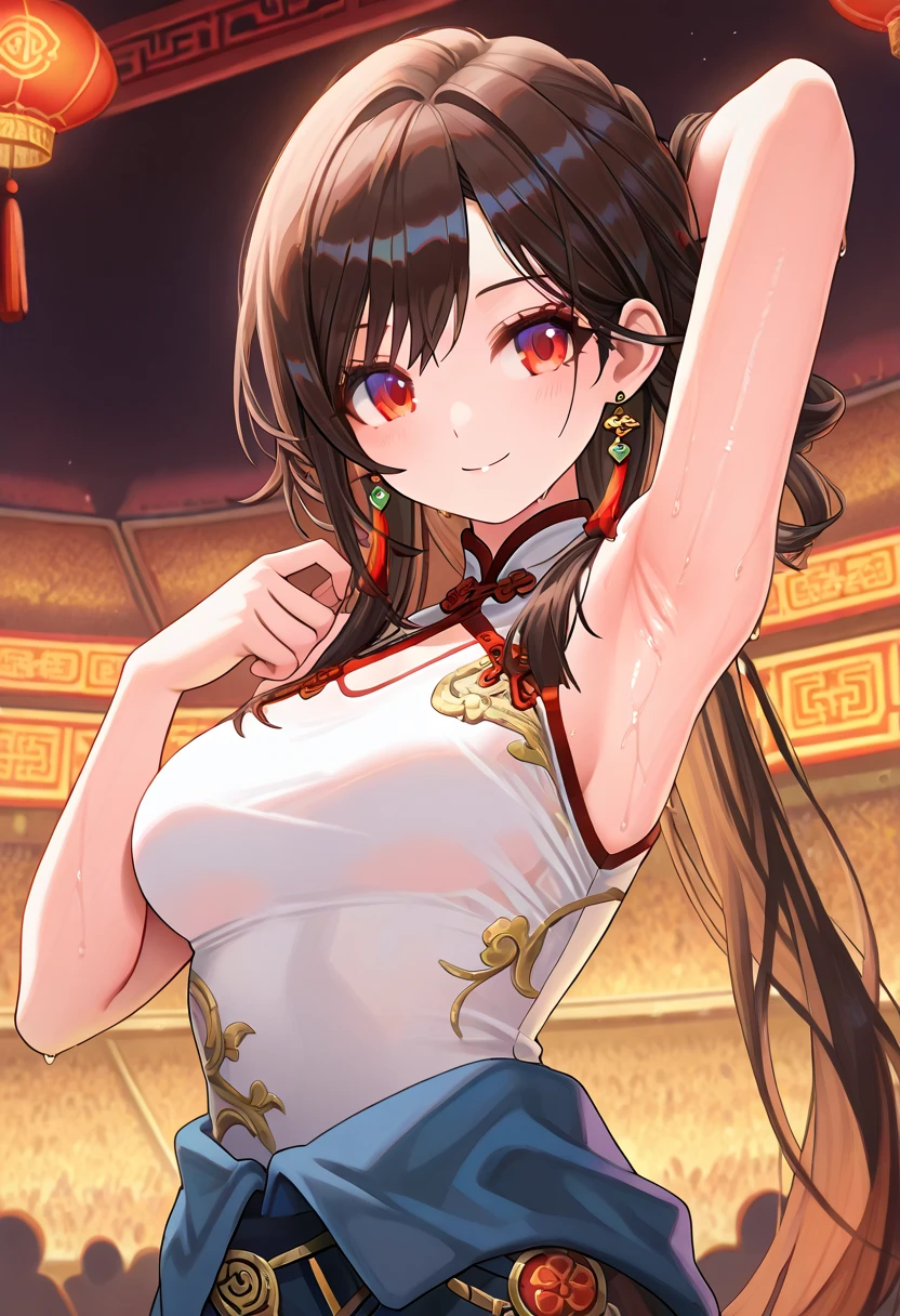 One girl, clad in a vibrant Chinese dress, adorned with intricate embroidery and a flowing hair flower, stood before the crowd, her shiny skin reflecting the soft glow of the stage lights. Her lips, painted a bold red, curved into a playful smile as she looked out at the audience, her cleft lip adding a unique charm to her features. Her big breasts were accentuated by the low-cut neckline of her dress, adding to her allure. The best quality of this masterpiece was the attention to detail, from the intricate patterns on her dress to the perfectly rendered strands of her hair.