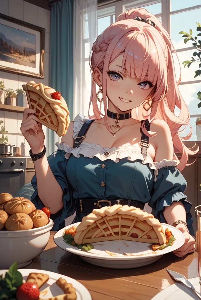 ((1 girls), solo, clevage, Big round breasts, trendy, stylish, clevage, thighs, hips, realistic, pink hair, blonde hair, light green eyes, lip gloss, detailed face, amazing big eyes, eye details, big lips, eyebrow details, blush, smirk, naughty, mischevious face, HD, good quality, kitchen, breakfast