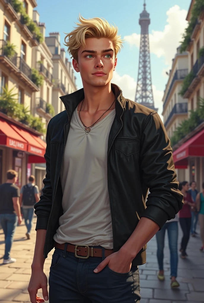 homoerotism illustration , symetric composition, oil painting in paul chabas and paul cadmus style, vivid colors, intricated details,
in oil painting romanticism and realism style, full body of a young man walking on the streets of paris carrying bags with eifel tower background, arrogant look and smile, shirtless barefoot wearing shorts, environment of wealth and power, very detailed scene. Red hair, blue eyes, maximum male beauty perfect symmetrical body, slim muscular, focus on the details of your body,. The overall atmosphere is one of lustful intensity, with deep colors and a sense of intimacy. The depth of field is 1.2, allowing for a clear view of the subject's abdominal muscles