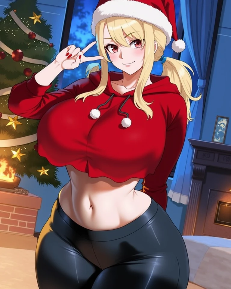 ((Masterpiece)), perfect anatomy, perfect shading, field of depth, (best quality), extremely delicate and beautiful, perfect lighting, detailed face, ultra cute face, cute, (cowboy shot 1.2), full body, ((1girl)), ((solo))
Girl 1: has long hair, fluffy hair, blonde hair, blue eyes, ((blush)), (embarrassed), extremely tight clothes, medium breasts, cleavage, perky breasts, ((wide hips)), (thick thighs), ((chubby)), pudgy belly, fat rolls, belly hang,
living room, fireplace, intricate background, detailed background, girls are standing next to each other, santa hat, santa outfit (re crop top 1.5), (red short skirt 1.5), holding plate of cookies,