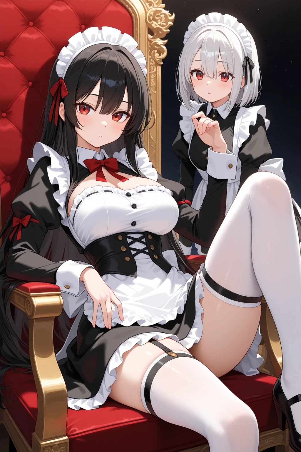 (best quality, high resolution, masterpiece:1.2), ultra-detailed, luxurious room, Climaxing maid, squirting from her pussy, visible nipples, visible underwear, visible genitals, vivid colors, radiant skin, love juice dripping from her pussy.