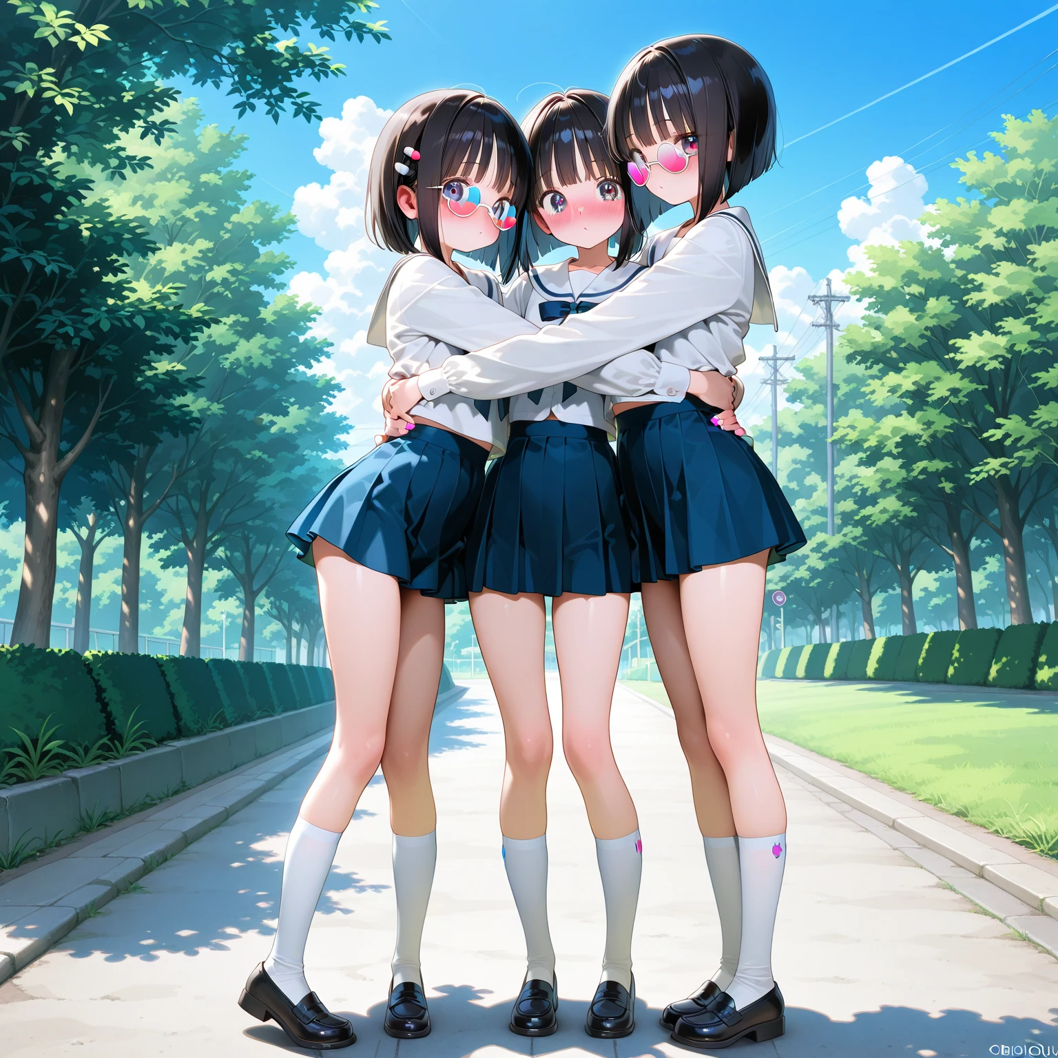 Three happy girls were sitting on the stone steps, Take a full body photo、Laughing happily、She was wearing a white blouse, Vans Sneakers, Red checked skirt、White sneakers, Black Hair, detached houses, Flowers,Happy girl with round face, Big eyes, Long eyelashes, Full-body display、Detailed Private Parts、Hairless、Detailed female genitalia、Spread your legs、From directly below、I see your white pants