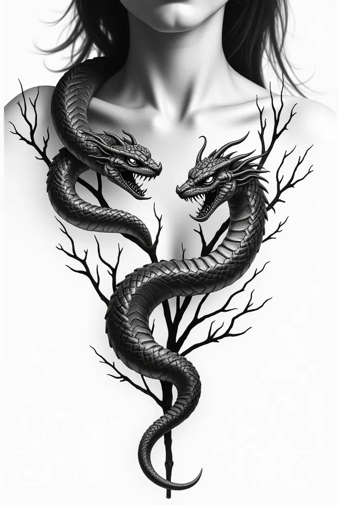 Tattoo design where on the left side of a woman's collarbone a snake is winding around branches and hissing where you can see fangs and on the right side a baby dragon which also winds around branches and hisses where you can see teeth the whole thing in black and white