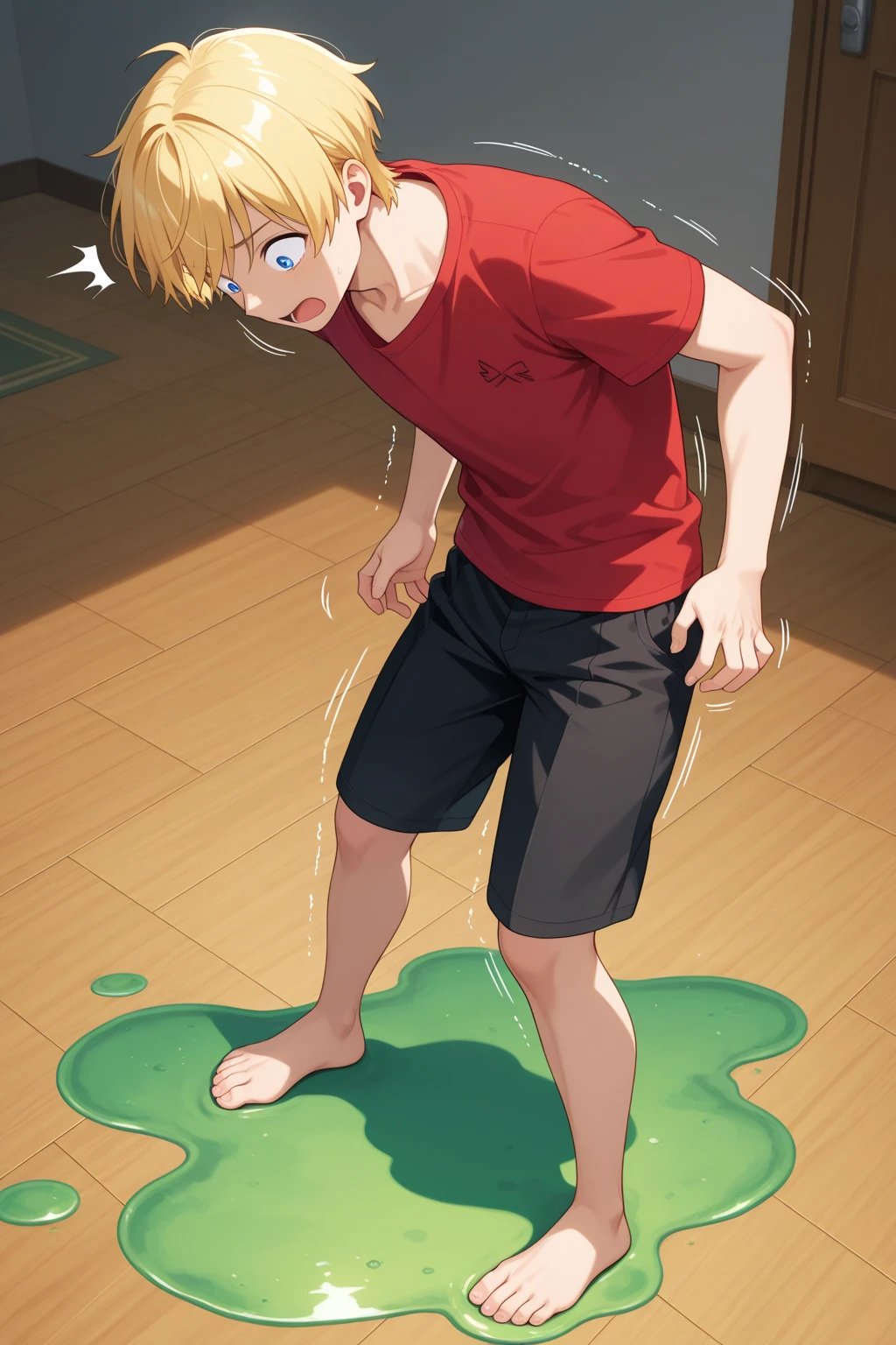 1boy, male focus, ((standing)), 12 years old, green hoodie, blue jeans, white sneakers, brown hair, bangs, short hair, green eyes, looking down, crying, blushing, city park background, best quality, amazing quality, best aesthetic, absurdres, year 2023,((wetting self, pee stains, puddle)), blushing, clenching teeth, seen from below, dynamic angle, penis bulge, (((hands on head, full body)))