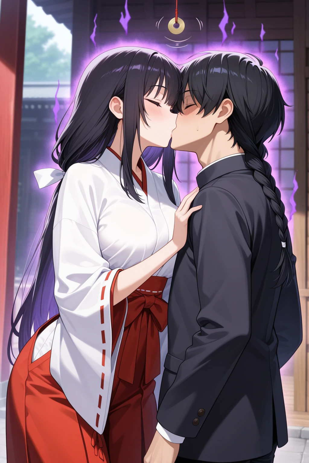 woman,miko,1woman 1man,high resolution、High Quality、masterpiece、、masterpiece、最High Quality、Hypnosis、kissing,clothed,single braid,Purple Aura、瞳がHypnosis状態