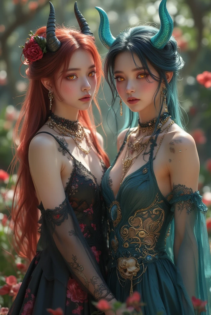 (high quality, ArtStation, fantasy art:1.2), (A beautiful thin girl sitting), (long messy red hair), (black ornate kimono, navel, bare shoulders), (lush roses garden)