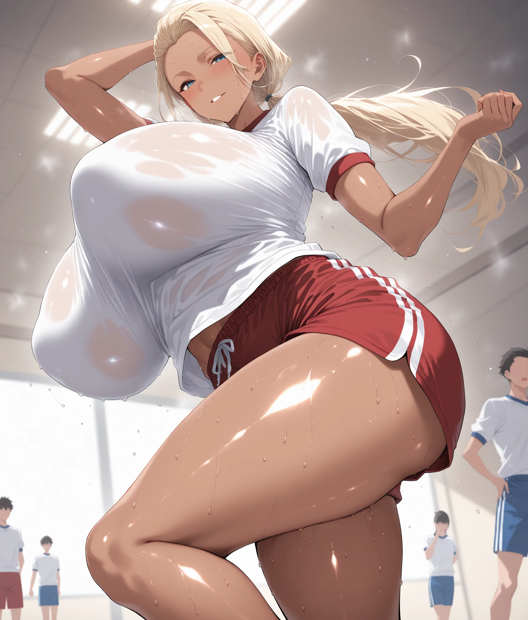 (masterpiece, detailed, realistic), young american woman, teenager, young, detailed face, beautiful face, (gigantic breasts:1.8), (bursting breasts:1.4), thin, slender, skinny, cheerleader, (anxious expression:1.3), withdrawn, shy, nervous, blonde hair, crowded changingrooms, jealous girls