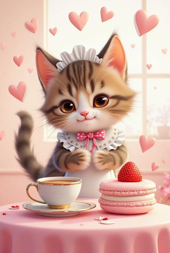 cute子猫メイド, cute , cute, Smile 1.7, (wearing white maid clothes, There is a pink heart-patterned ribbon on a white background at the base of the left ear, A lot of heart symbols are flying in the air around the kitten, A cat-shaped teacup and strawberry cake on a macaron table), (dark brown pheasant tiger cat), Candy Room Coffee Shop Background, Realistic Portrait Designed by Pixar Animation, 