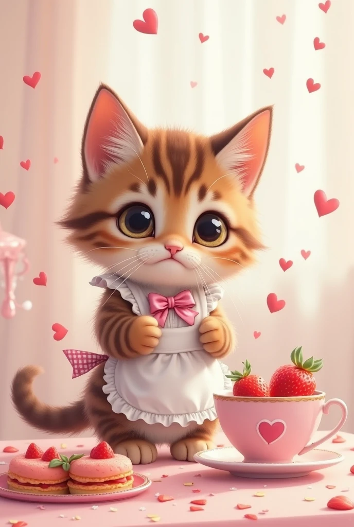cute子猫メイド, cute , cute, Smile 1.7, (wearing white maid clothes, There is a pink heart-patterned ribbon on a white background at the base of the left ear, A lot of heart symbols are flying in the air around the kitten, A cat-shaped teacup and strawberry cake on a macaron table), (dark brown pheasant tiger cat), Candy Room Coffee Shop Background, Realistic Portrait Designed by Pixar Animation,