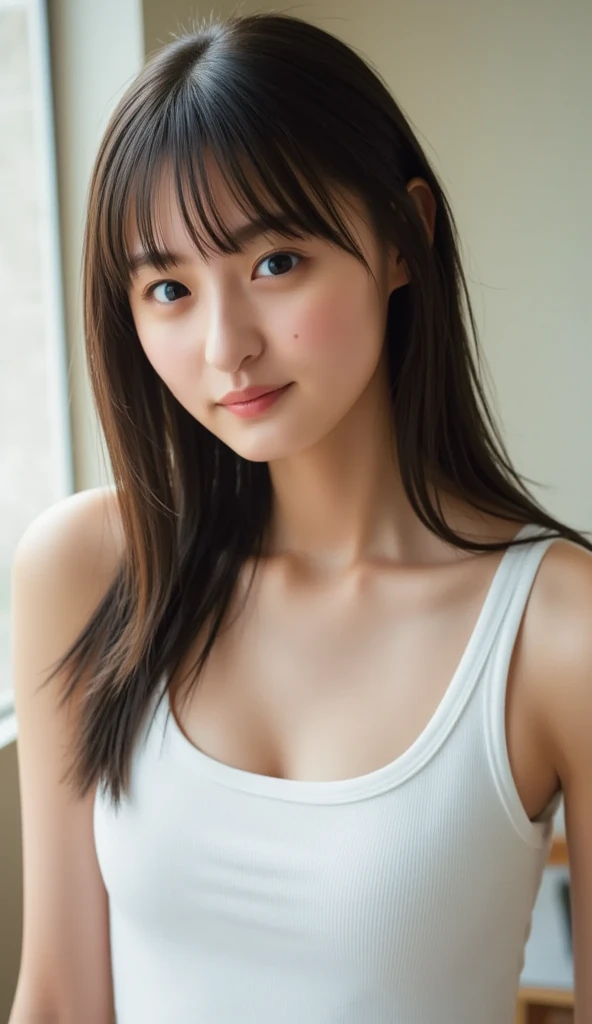 (8K、RAW Photos、Highest quality、masterpiece:1.2)、(Realistic、Photorealistic:1.37)、Super detailed、Ultra High Resolution、Looking into the camera、Beautifully detailed face、A kind smile、(cute:1.2)、narrow、(Slim waist:1.3)、((Solo girl, 24 years old)), white dress shirt, blue pleated skirt, Japanese Student Model